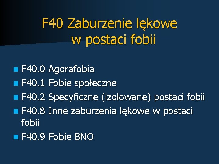 F 40 Zaburzenie lękowe w postaci fobii n F 40. 0 Agorafobia n F