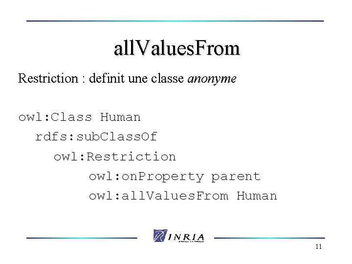 all. Values. From Restriction : definit une classe anonyme owl: Class Human rdfs: sub.