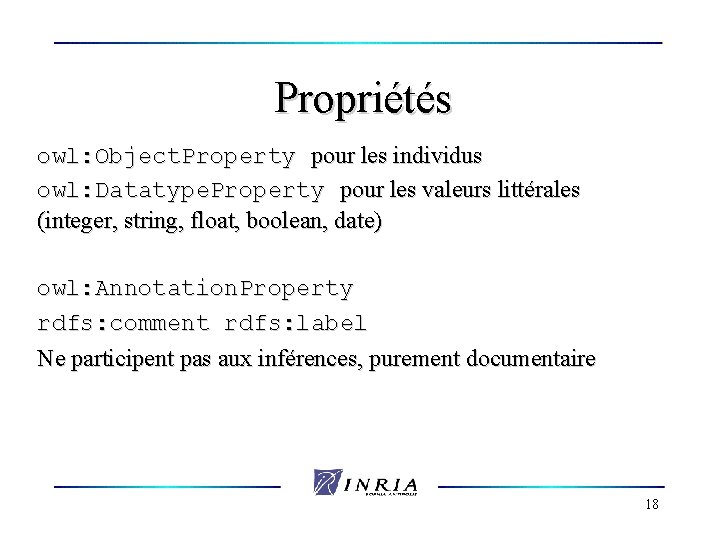 Propriétés owl: Object. Property pour les individus owl: Datatype. Property pour les valeurs littérales