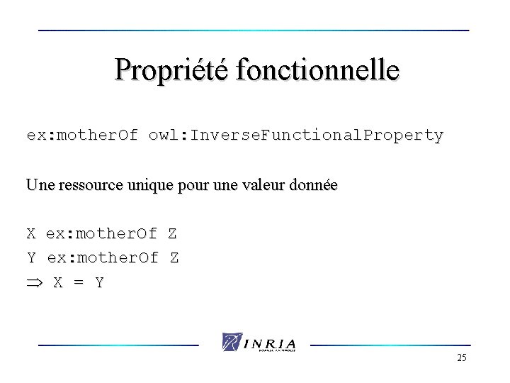 Propriété fonctionnelle ex: mother. Of owl: Inverse. Functional. Property Une ressource unique pour une