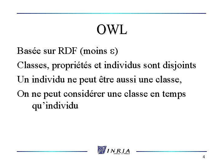 OWL Basée sur RDF (moins ) Classes, propriétés et individus sont disjoints Un individu