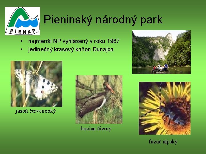 Pieninský národný park • najmenší NP vyhlásený v roku 1967 • jedinečný krasový kaňon