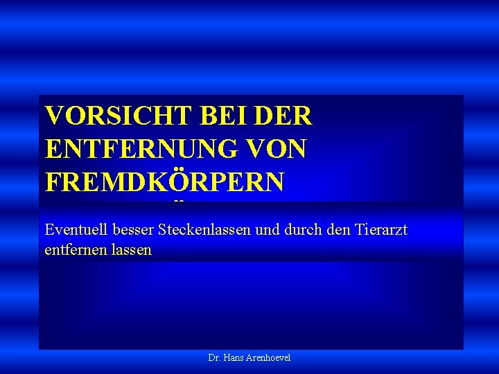 VORSICHT BEI DER ENTFERNUNG VON FREMDKÖRPERN Eventuell besser Steckenlassen und durch den Tierarzt entfernen