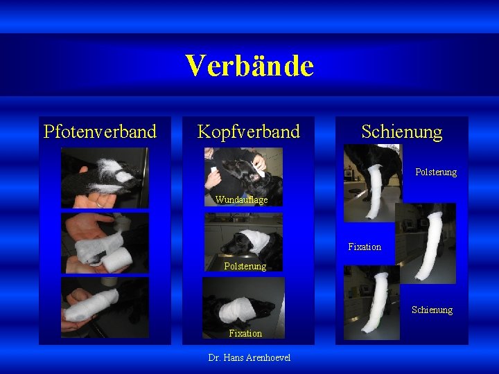 Verbände Pfotenverband Kopfverband Schienung Polsterung Wundauflage Fixation Polsterung Schienung Fixation Dr. Hans Arenhoevel 