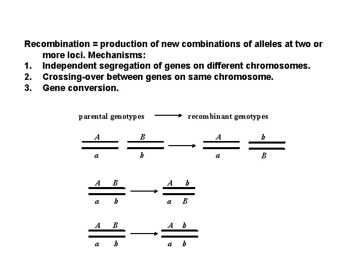Recombination = production of new combinations of alleles at two or more loci. Mechanisms:
