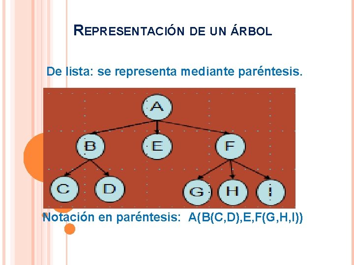 REPRESENTACIÓN DE UN ÁRBOL De lista: se representa mediante paréntesis. Notación en paréntesis: A(B(C,