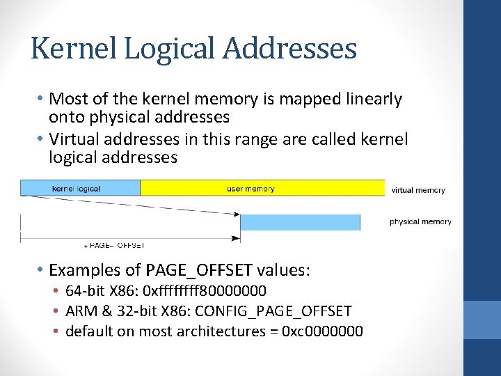 Kernel Logical Addresses • Most of the kernel memory is mapped linearly onto physical