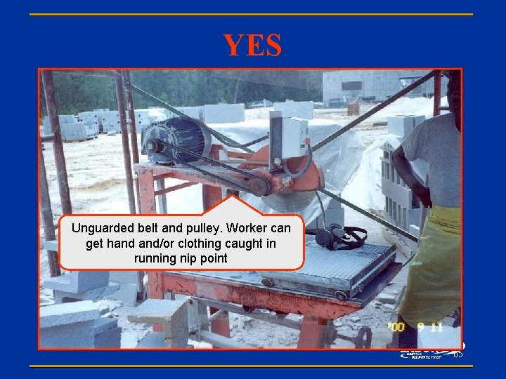 YES Unguarded belt and pulley. Worker can get hand and/or clothing caught in running