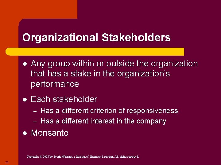 Organizational Stakeholders l Any group within or outside the organization that has a stake