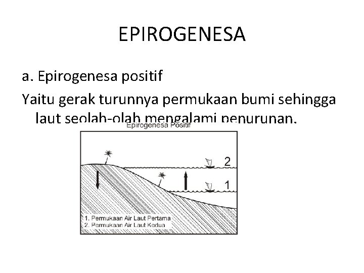 EPIROGENESA a. Epirogenesa positif Yaitu gerak turunnya permukaan bumi sehingga laut seolah-olah mengalami penurunan.