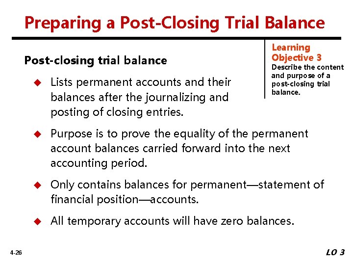 Preparing a Post-Closing Trial Balance Post-closing trial balance 4 -26 Learning Objective 3 Describe