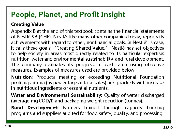 People, Planet, and Profit Insight Creating Value Appendix B at the end of this