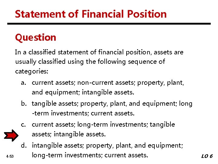 Statement of Financial Position Question In a classified statement of financial position, assets are