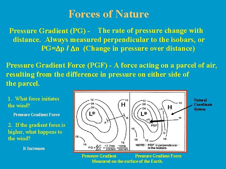 Forces of Nature Pressure Gradient (PG) - The rate of pressure change with distance.