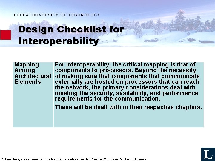 Design Checklist for Interoperability Mapping Among Architectural Elements For interoperability, the critical mapping is