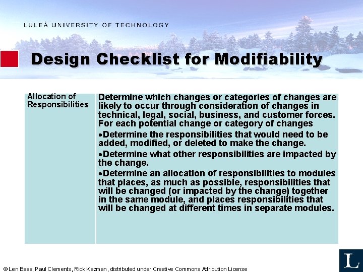 Design Checklist for Modifiability Allocation of Responsibilities Determine which changes or categories of changes