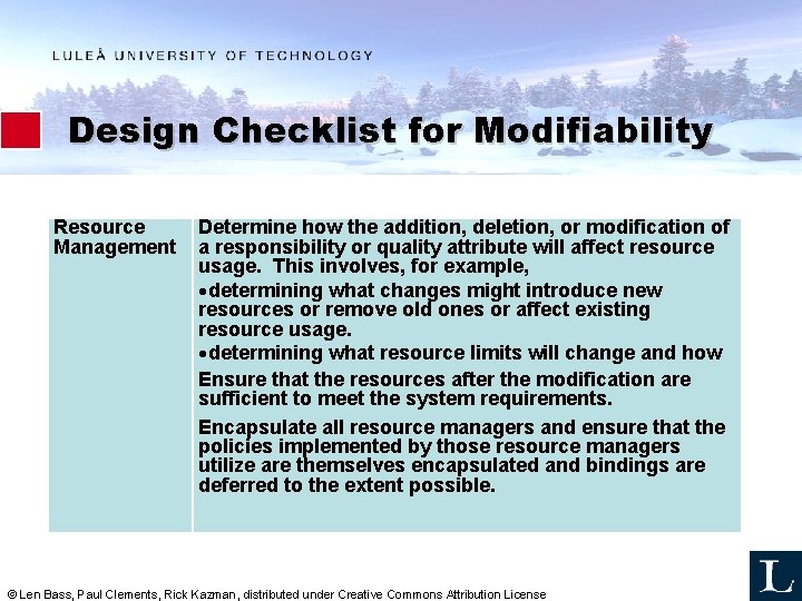 Design Checklist for Modifiability Resource Management Determine how the addition, deletion, or modification of