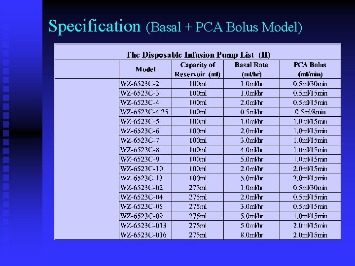 Specification (Basal + PCA Bolus Model) 