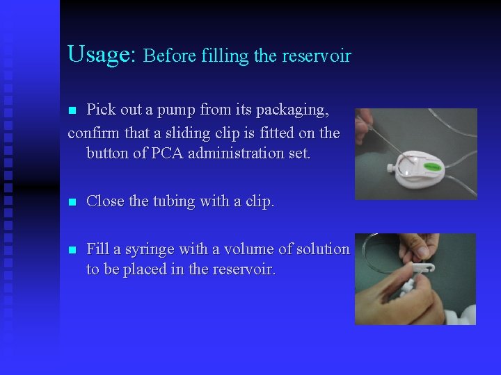 Usage: Before filling the reservoir Pick out a pump from its packaging, confirm that