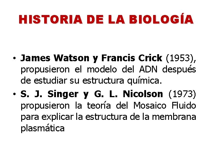 HISTORIA DE LA BIOLOGÍA • James Watson y Francis Crick (1953), propusieron el modelo