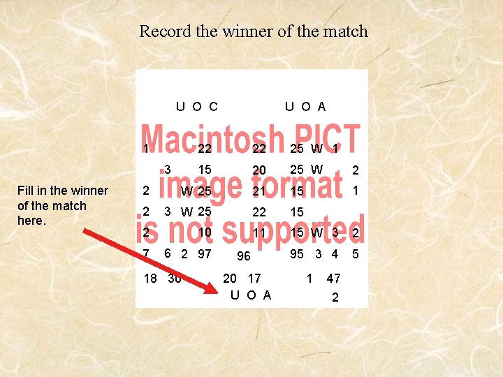 Record the winner of the match U O C 1 22 22 25 W