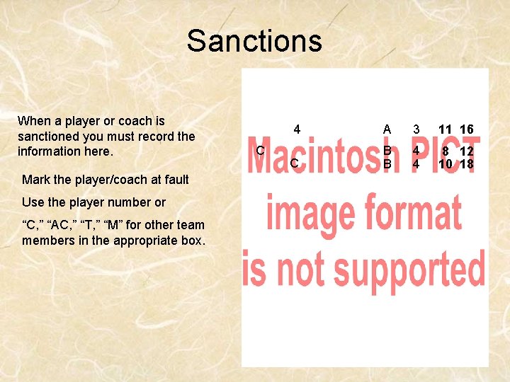 Sanctions When a player or coach is sanctioned you must record the information here.