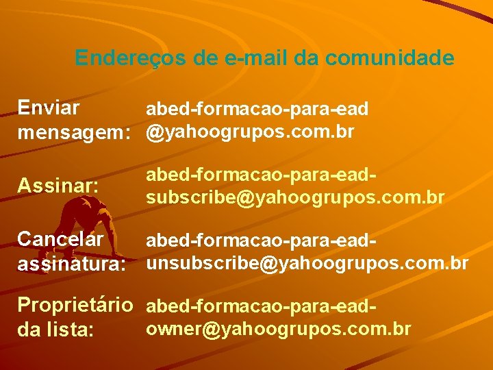 Endereços de e-mail da comunidade Enviar abed-formacao-para-ead mensagem: @yahoogrupos. com. br Assinar: abed-formacao-para-eadsubscribe@yahoogrupos. com.