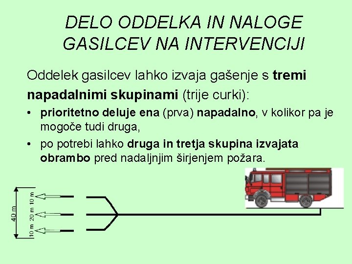 DELO ODDELKA IN NALOGE GASILCEV NA INTERVENCIJI Oddelek gasilcev lahko izvaja gašenje s tremi