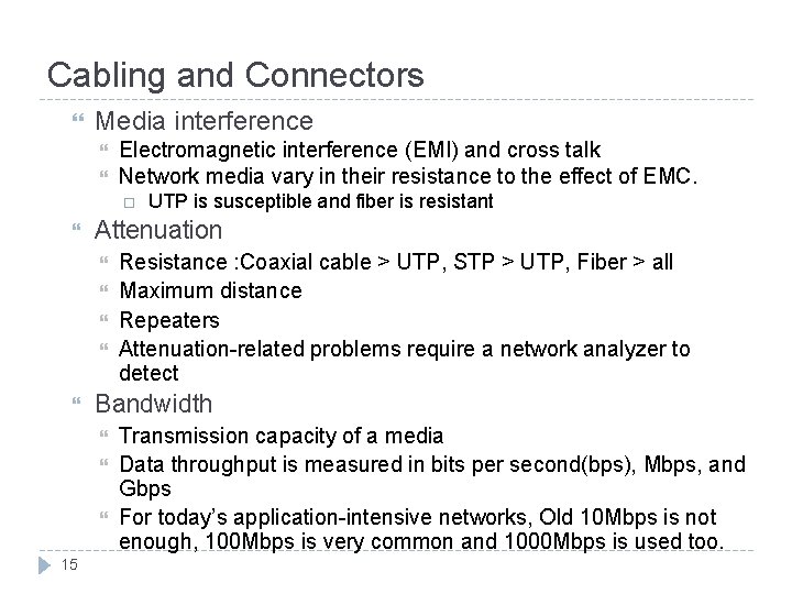 Cabling and Connectors Media interference Electromagnetic interference (EMI) and cross talk Network media vary