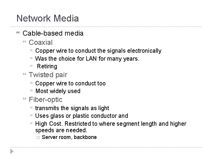 Network Media Cable-based media Coaxial Twisted pair Copper wire to conduct the signals electronically