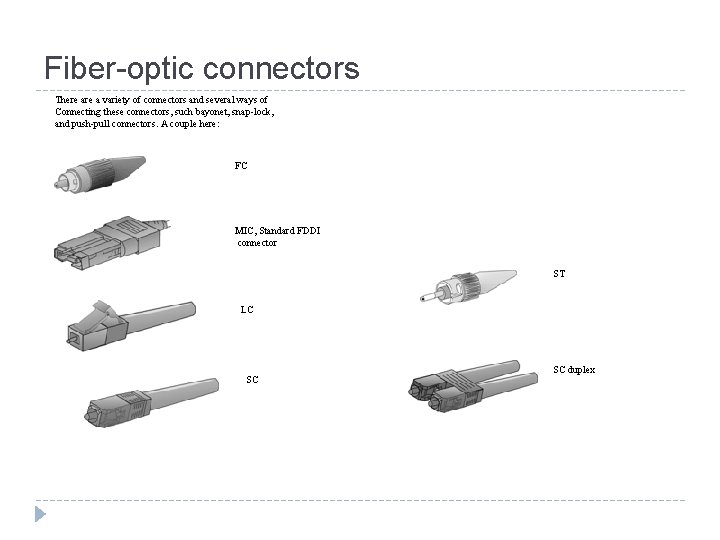 Fiber-optic connectors There a variety of connectors and several ways of Connecting these connectors,