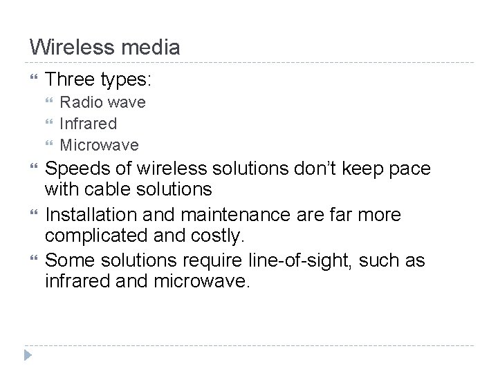 Wireless media Three types: Radio wave Infrared Microwave Speeds of wireless solutions don’t keep