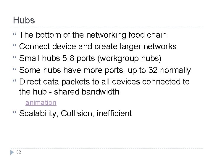 Hubs The bottom of the networking food chain Connect device and create larger networks