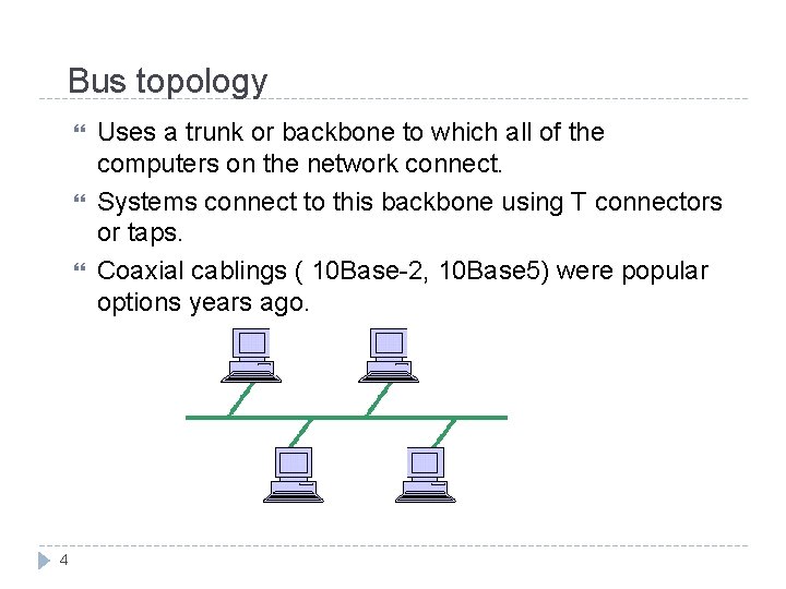 Bus topology 4 Uses a trunk or backbone to which all of the computers