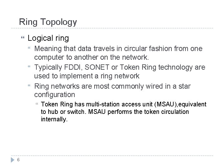 Ring Topology Logical ring Meaning that data travels in circular fashion from one computer