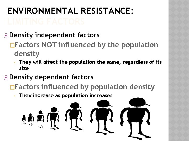 ENVIRONMENTAL RESISTANCE: LIMITING FACTORS ⦿ Density independent factors �Factors NOT influenced by the population