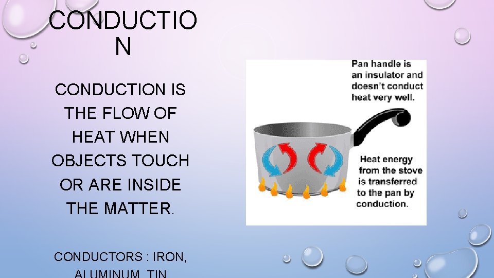 CONDUCTIO N CONDUCTION IS THE FLOW OF HEAT WHEN OBJECTS TOUCH OR ARE INSIDE