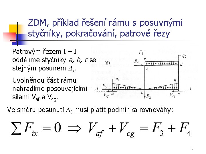 ZDM, příklad řešení rámu s posuvnými styčníky, pokračování, patrové řezy Patrovým řezem I –