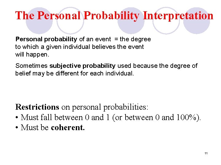 The Personal Probability Interpretation Personal probability of an event = the degree to which