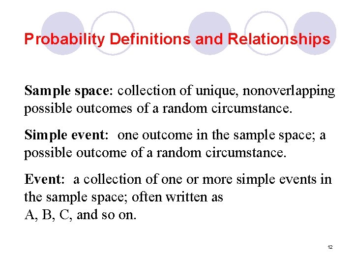 Probability Definitions and Relationships Sample space: collection of unique, nonoverlapping possible outcomes of a