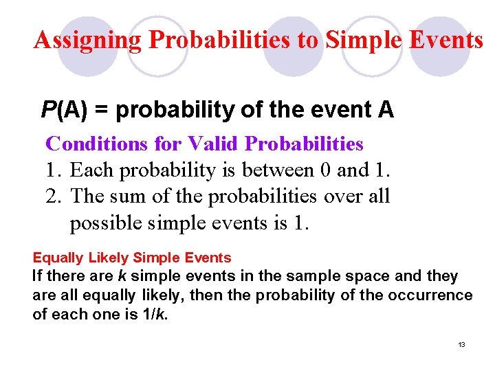 Assigning Probabilities to Simple Events P(A) = probability of the event A Conditions for