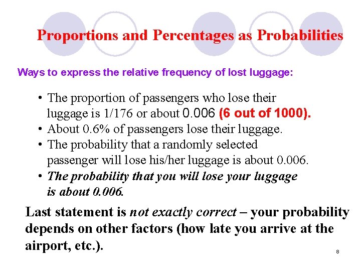 Proportions and Percentages as Probabilities Ways to express the relative frequency of lost luggage: