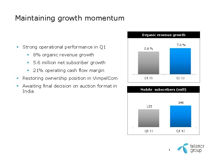 Maintaining growth momentum Organic revenue growth • Strong operational performance in Q 1 • Maintaining growth momentum Organic revenue growth • Strong operational performance in Q 1 •