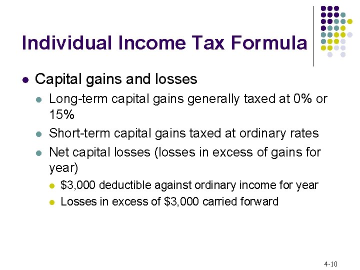 Individual Income Tax Formula l Capital gains and losses l l l Long-term capital