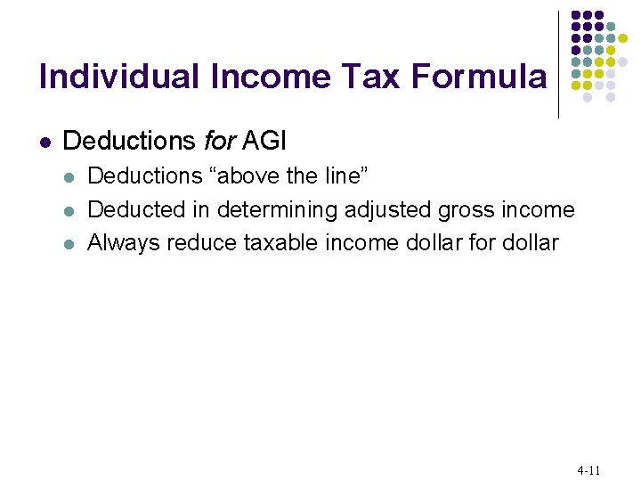 Individual Income Tax Formula l Deductions for AGI l l l Deductions “above the