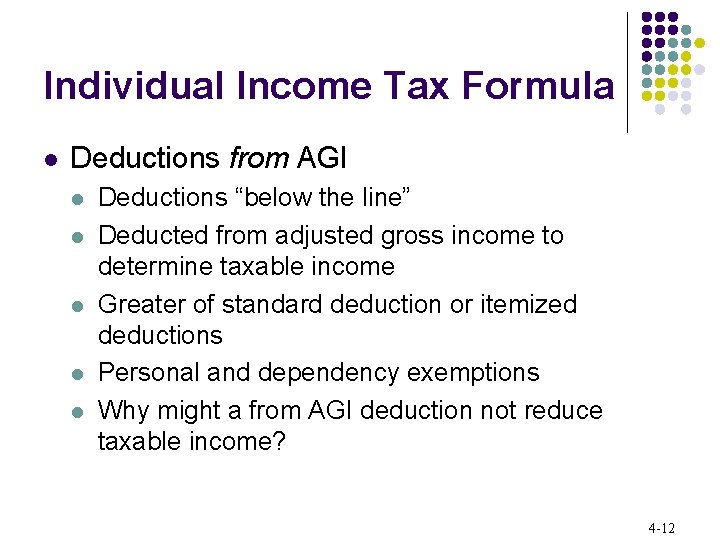 Individual Income Tax Formula l Deductions from AGI l l l Deductions “below the