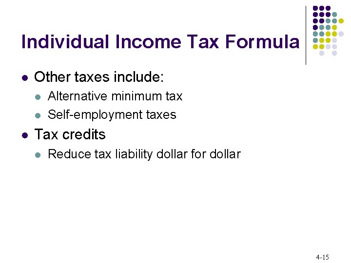 Individual Income Tax Formula l Other taxes include: l l l Alternative minimum tax