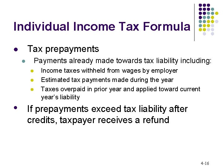 Individual Income Tax Formula Tax prepayments l Payments already made towards tax liability including: