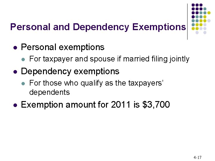 Personal and Dependency Exemptions l Personal exemptions l l Dependency exemptions l l For