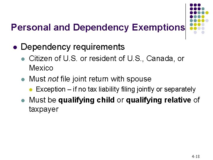 Personal and Dependency Exemptions l Dependency requirements l l Citizen of U. S. or